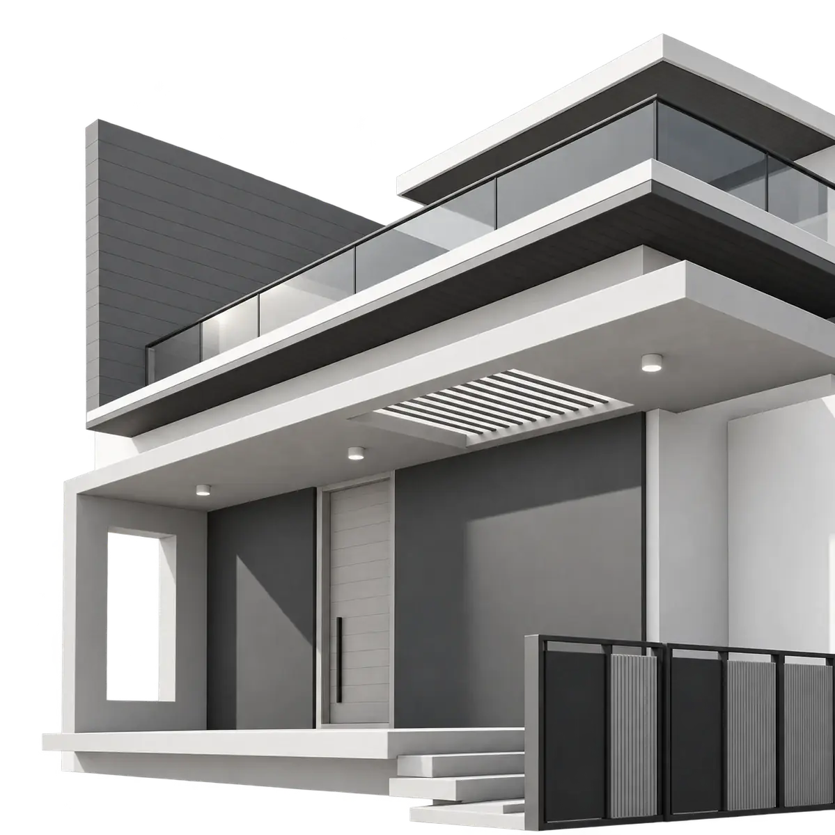 Angled view of a modern house entrance with a slatted timber canopy and dark grey facade