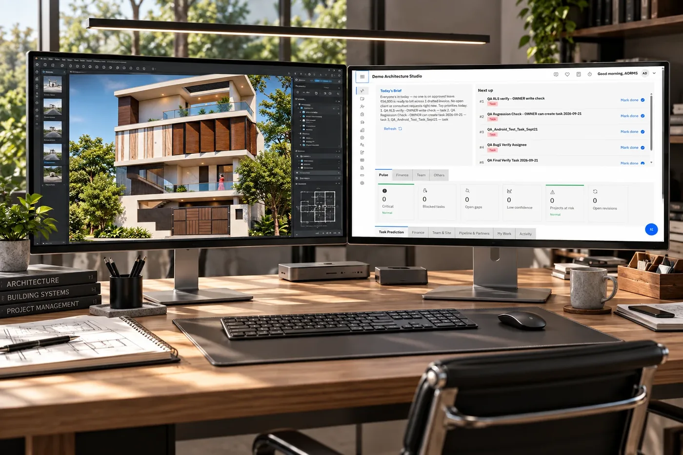 Architect's desk with dual monitors showing a 3D house render on one screen and the AORMS dashboard on the other