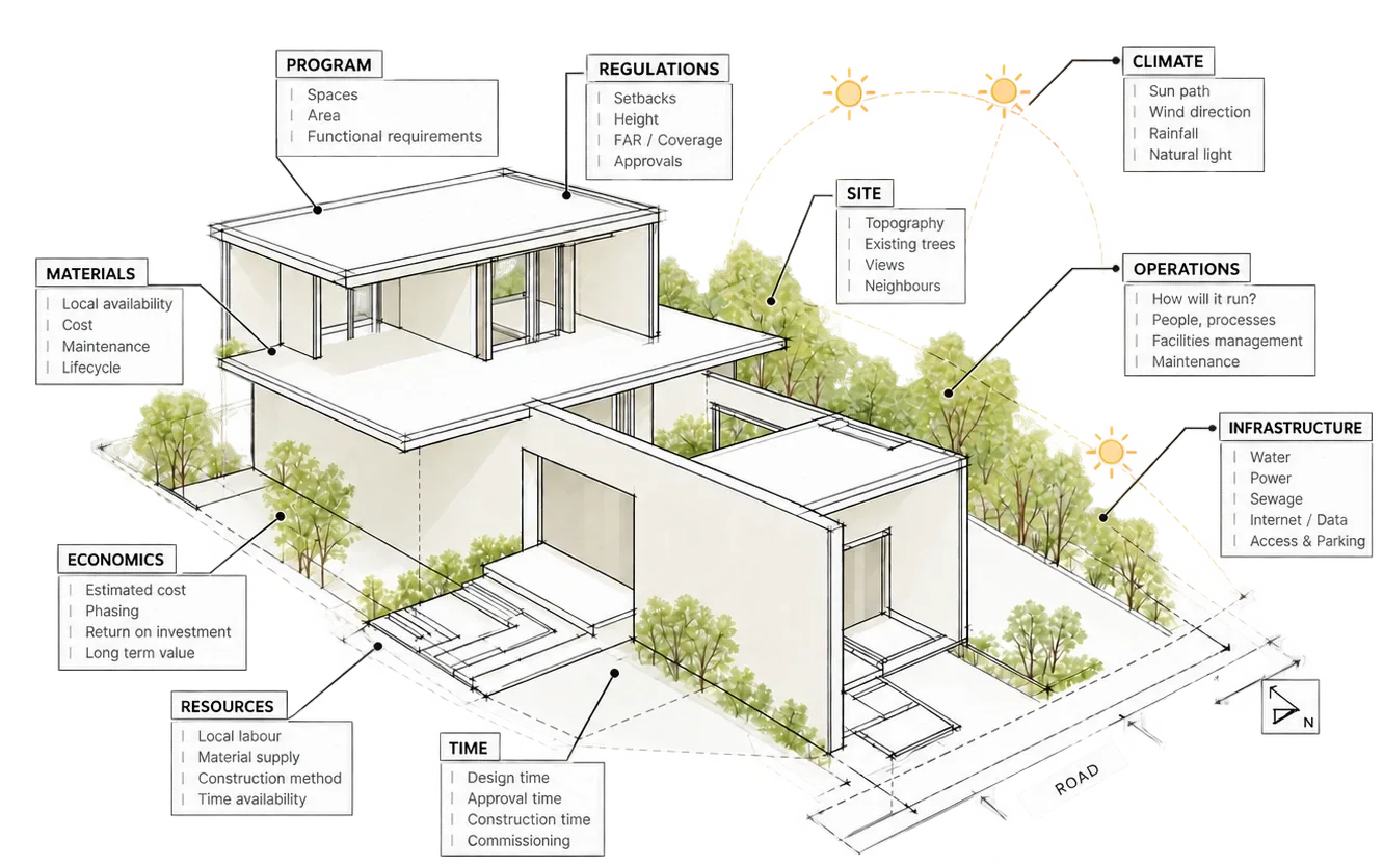 Axonometric diagram of a house annotated with site, climate, regulations, program, economics, and infrastructure factors