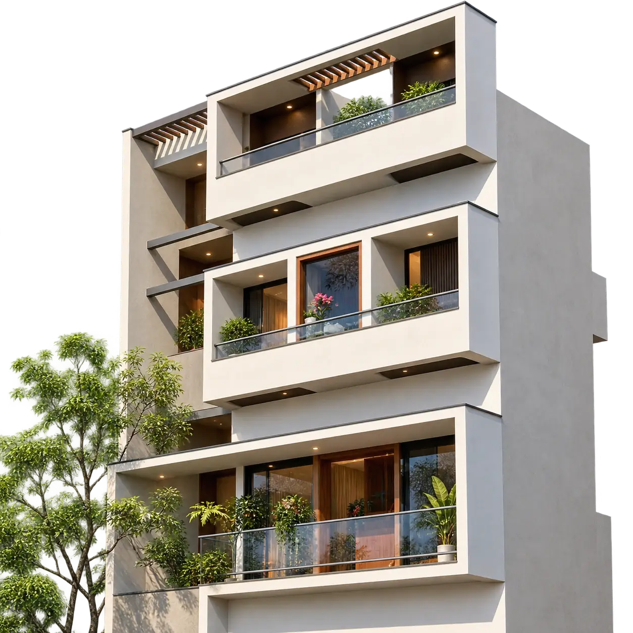 Rendered view of a house facade with green wall balconies and timber louvres