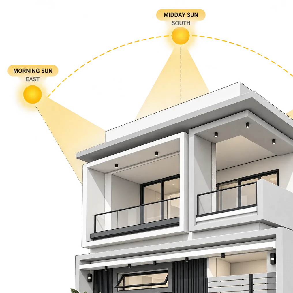 Diagram of a house showing morning and midday sun paths labelled east and south