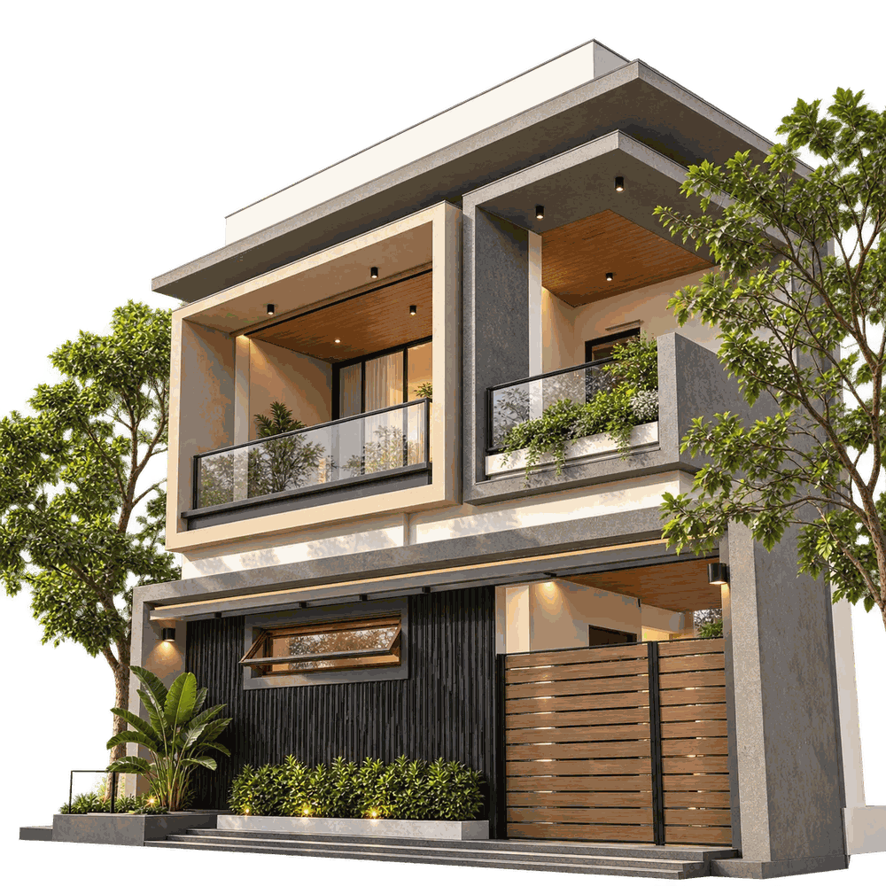 Modern house facade with a cross-motif perforated screen and planted terraces