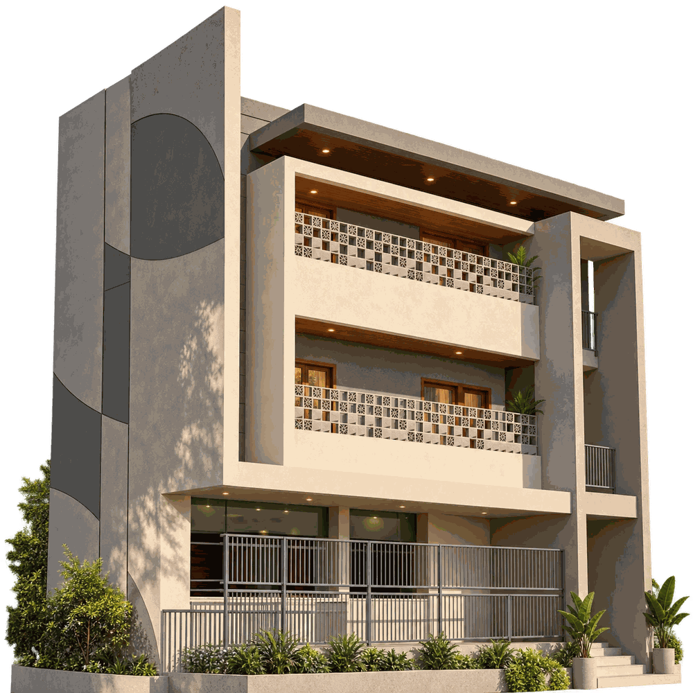 Multi-storey building with patterned jali balcony screens