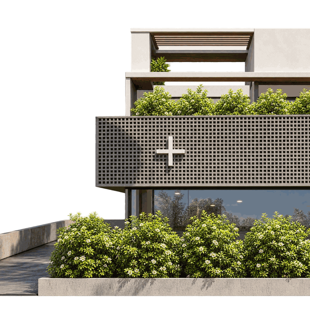 Close-up of a perforated concrete screen with a plus-shaped cutout above planting