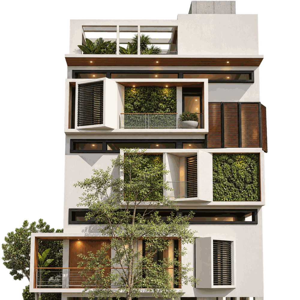 Tall narrow building facade with green-wall balconies and timber louvres