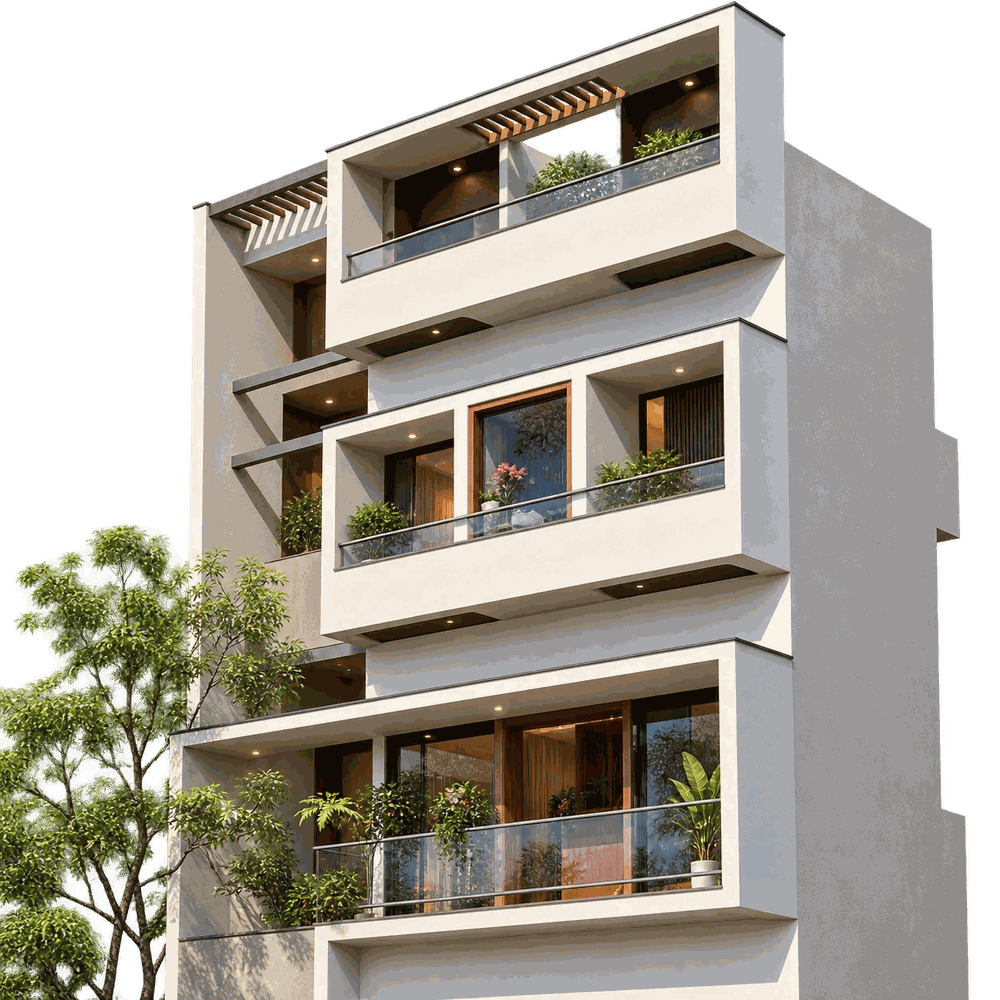 Building corner with balcony boxes and cascading planters
