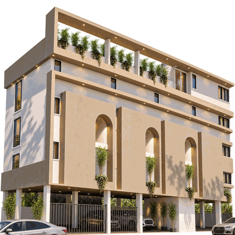 Multi-storey building with arched ground-floor openings and parked cars